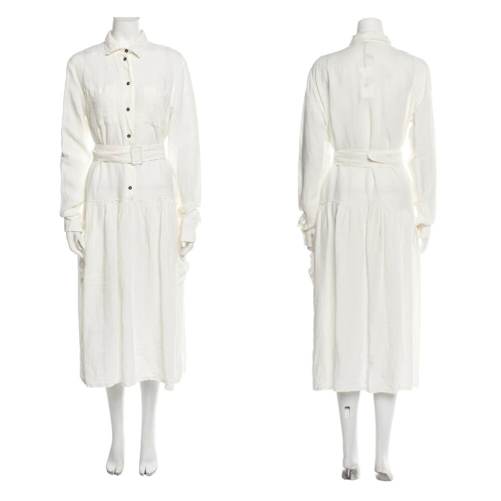 TOMAS MAIER Linen Midi Shirt Dress Women 6 White Half Button Long Sleeve Pockets